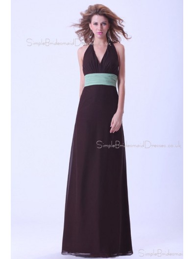 Halter A-line Chiffon Sleeveless Natural Ruffles/Sash Backless Champagne Floor-length Bridesmaid Dress