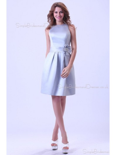 Ruffles/Sash Sleeveless Satin Scoop Silver Short-length Zipper A-line Natural Bridesmaid Dress