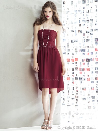 Zipper burgundy Sleeveless burgundy Knee-length Ruched Natural A-line Strapless Chiffon Bridesmaid Dress