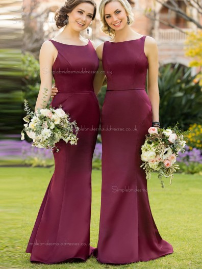 Classic Beautiful Girls Burgundy / Purple Satin Mermaid Long Bridesmaid Dress