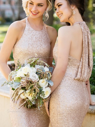 Beautiful Romantica High - Neck Sequins Rose Gold Wedding Bridesmaid Gown 