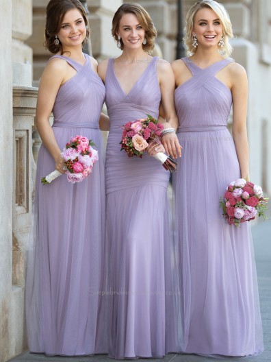 Online Celebrity Lilac Floor Length Flowing Criss-Cross Strap Bridesmaid Dress