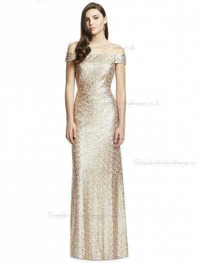 Elegant Girls Rose Gold Mermaid Flooor-length Studio Sequin Naturl Waist Off-the-shoulder Bridesmaid Dress