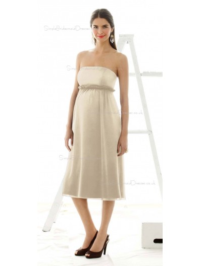 A-line  Draped , Ruffles Chiffon Strapless Tea-length White Sleeveless Zipper Natural Maternity Bridesmaid Dresses