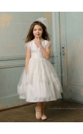 Sleeve Length Satin Scoop Ivory Cap A-line Bowknot / Lace / Tiered Ankle Flower Girl Dress