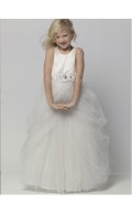 Ivory A-line Hand Floor-length Scoop Flower Organza / Satin Sleeveless Made Flower Girl Dress