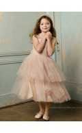 Tea-length Champagne A-line Bowknot / Tiered / Hand Organza Bateau Sleeveless Made Flower Flower Girl Dress