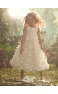 Tea-length Made Champagne Flower Sleeveless Organza Scoop A-line Hand Flower Girl Dress