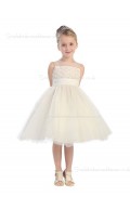 A-line Knee-length Champagne Organza Neck Applique Sleeveless High Flower Girl Dress