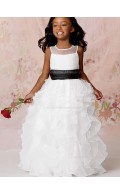 Floor-length Sleeveless Tiered / Sash White Organza Column / Sheath Scoop Flower Girl Dress