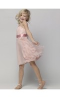 Bateau Organza Knee-length Pink Sleeveless A-line Tiered / Sash Flower Girl Dress