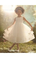 Ivory A-line Tea-length Organza Tiered / Applique / Beading Sleeveless Bateau Flower Girl Dress