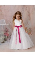 Asymmetric Made Sleeveless A-line Organza White Bowknot / Hand Flower Floor-length Flower Girl Dress