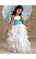 Floor-length Bateau White Organza Column / Sheath Flower / Tiered Sleeveless Hand Made Flower Girl Dress