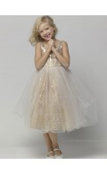 Bateau A-line Tea-length Sleeveless Sequin Champagne Organza Flower Girl Dress