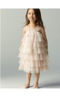 Scoop Champagne Tea-length Tiered Sleeveless Tulle A-line Flower Girl Dress