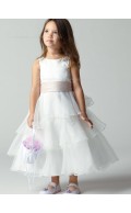 Organza Ankle Tiered / Sash Sleeveless Ivory Bateau Length A-line Flower Girl Dress