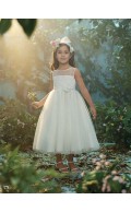 Ivory Made Tea-length Bateau Organza Sequin / Hand Flower Sleeveless A-line Flower Girl Dress