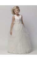 Applique / Tiered Gray Sleeveless A-line Floor-length Organza Scoop Flower Girl Dress