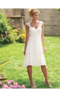 V-neck Sleeveless A-line Empire Knee-length Zipper Ruched/Tiered White Chiffon Bridesmaid Dress