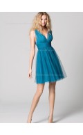 A-line Chiffon Sleeveless Zipper V-neck Hunter Sash/Ruffles Short-length Empire Bridesmaid Dress