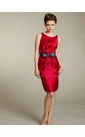 Sleeveless Red Bow Bateau Short-length Satin A-line Zipper Natural Bridesmaid Dress