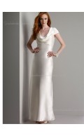 Elastic Silk-like Satin Zipper High Neck Floor-length Empire Cap Sleeve Champagne Split A-line Bridesmaid Dress