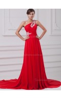 Red Zipper Chiffon A-line Sweep Empire Sleeveless Beading/Ruffles One Shoulder Bridesmaid Dress