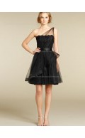 Shoulder Natural Organza Short-length Sleeveless A-line One Shoulder Zipper Lace Black Bridesmaid Dress
