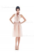 Sleeveless Backless Knee-length Pink Natural Halter Satin A-line Ruffles Bridesmaid Dress