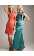 Dropped One Shoulder Split/Ruched Zipper Column Sheath Satin Sleeveless Bridesmaid Dress