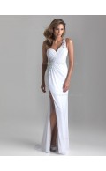 Column Sheath Sleeveless Dropped Sweep Chiffon One Shoulder White Beading/Ruffles Backless Bridesmaid Dress