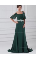 Chiffon Sweep Dark Green Zipper Bateau A-line Beading Cap Sleeve Dropped Bridesmaid Dress