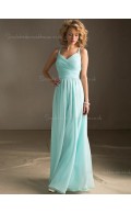 Floor-length A-line V-neck Zipper Beading Dropped Sleeveless Chiffon Blue Bridesmaid Dress