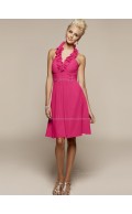 Zipper Halter Sleeveless Ruffles Short-length Fuchsia Empire Chiffon A-line Bridesmaid Dress