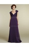 Empire A-line Zipper V-neck Sash Grape Sweep Cap Sleeve Chiffon Bridesmaid Dress