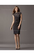 Knee-length Lace Applique/Sash Zipper High Neck Black Cap Sleeve Natural Column Sheath Bridesmaid Dress