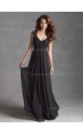 Floor-length V-neck A-line Black Empire Applique Sleeveless Lace/Chiffon Zipper Bridesmaid Dress