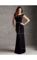 Lace Cap Sleeve Black Bateau Belt Column Sheath Natural Floor-length Zipper Bridesmaid Dress