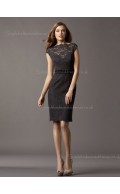 Column Sheath High Neck Cap Sleeve Lace Knee-length Zipper Natural Applique/Sash Black Bridesmaid Dress