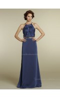 Backless Column Sheath Sleeveless Chiffon Floor-length Natural Tiered/Sash High Neck Blue Bridesmaid Dress