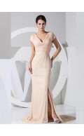 Split/Ruffles Empire Indy Pink Sweep Cap Sleeve V-neck Column Sheath Zipper Chiffon Bridesmaid Dress