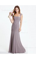 Ruched Sleeveless Floor-length Chiffon A-line Light Slate Gray Dropped Bateau Backless Bridesmaid Dress