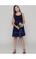 Zipper Knee-length Dark Navy Sleeveless A-line Ruffles Bateau Empire Chiffon Bridesmaid Dress