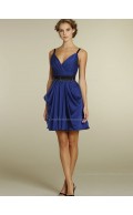 Satin Zipper Sleeveless Royal Blue A-line Empire V-neck Short-length Ruffles Bridesmaid Dress