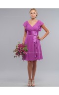 A-line Zipper V-neck Fuchsia Chiffon Empire Knee-length Ruched/Tiered Cap Sleeve Bridesmaid Dress