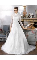 White Neck Sleeve A-line Long Chapel Applique High Lace Wedding Dress