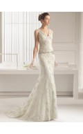 Ivory Sweep Lace Sleeveless Applique / Beading Mermaid V-neck Wedding Dress