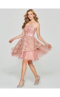 Exquisite Cheap Pink A-Line Strapless Lace Backless Short Bridesmaid Dress