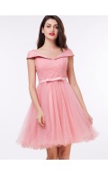 Fitted Romantica Pink Off the Shoulder Pleats Bowknot Bridesmaid Dress